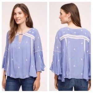 Anthropologie Floreat Size 0 Adena Blue Purple Embroidered Peasant Top Flutter